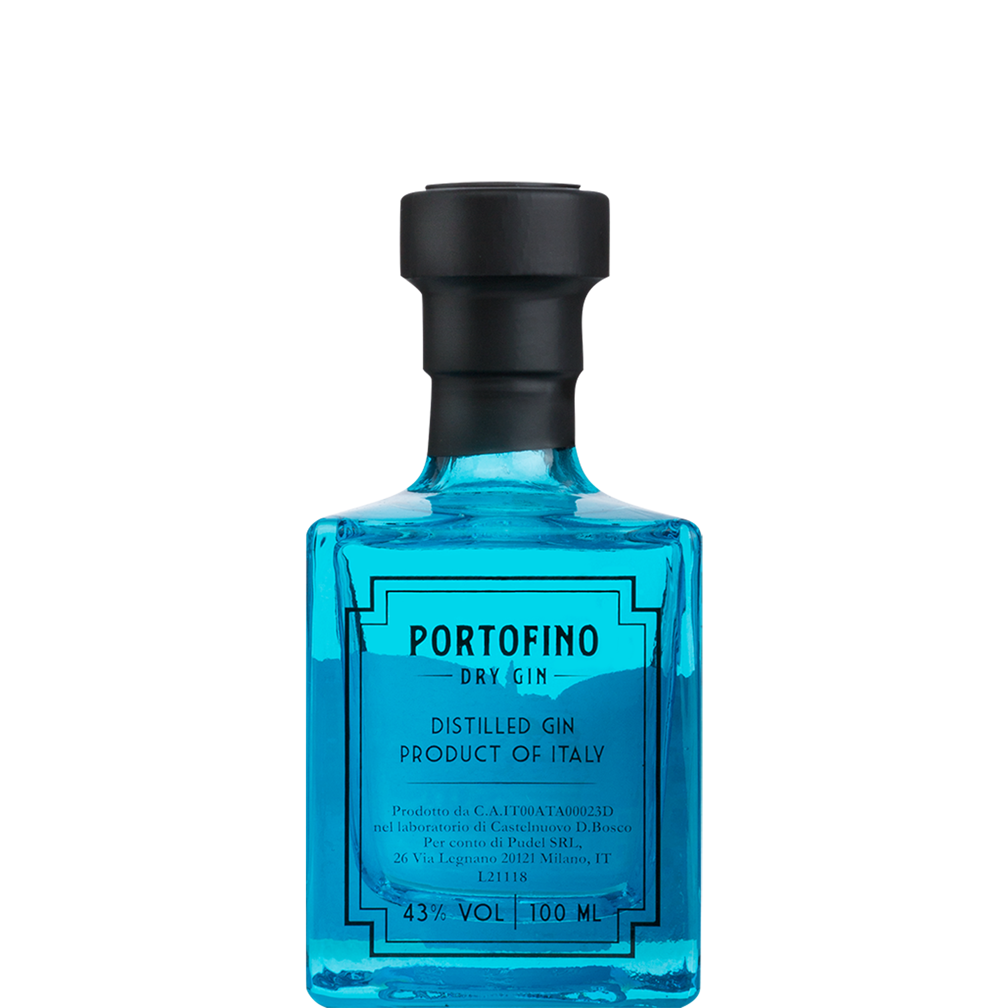 Butelka Portofino Dry Gin 100 ml tył włoskiego ginu