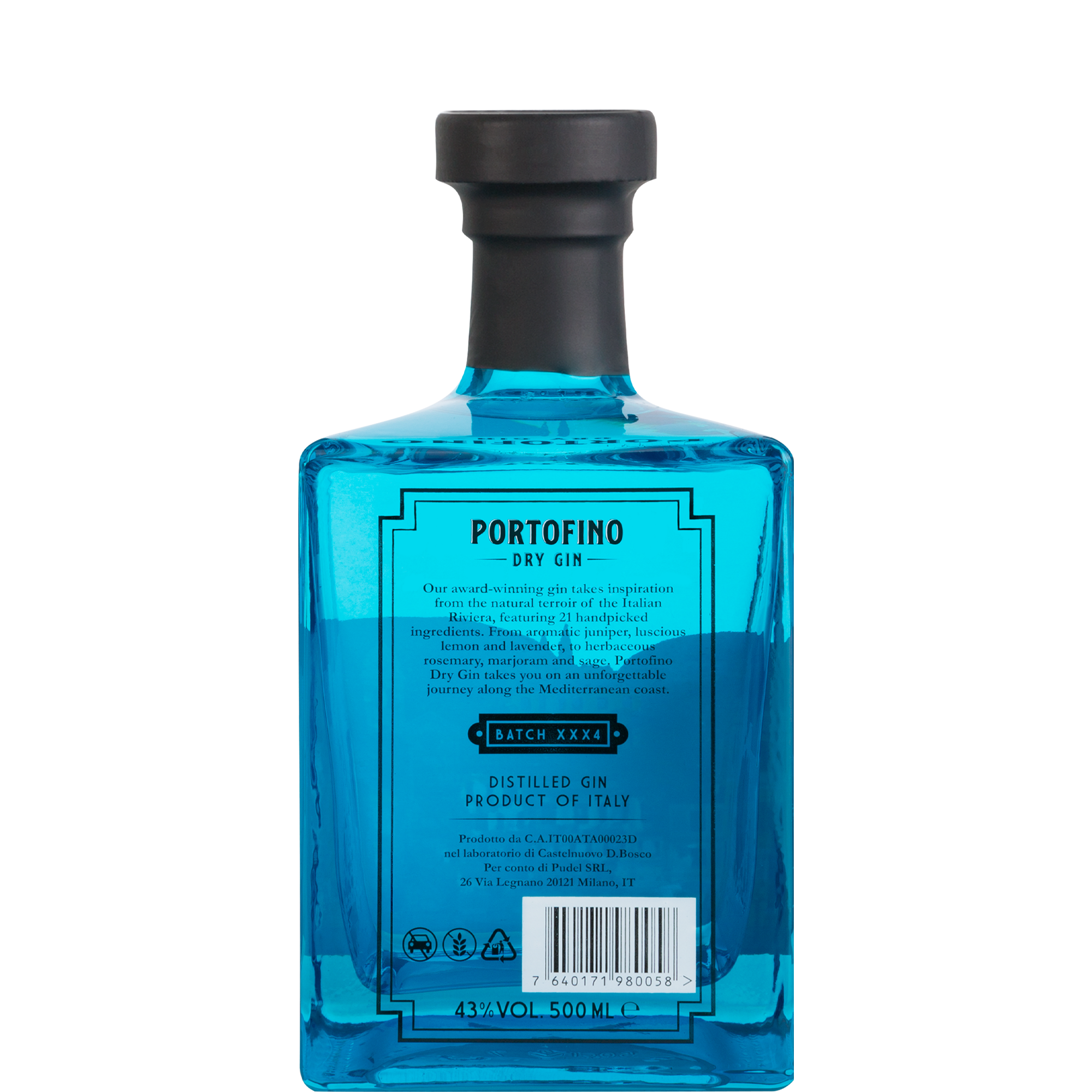 Tył butelki ginu z Włoch Portofino Dry Gin 500 ml