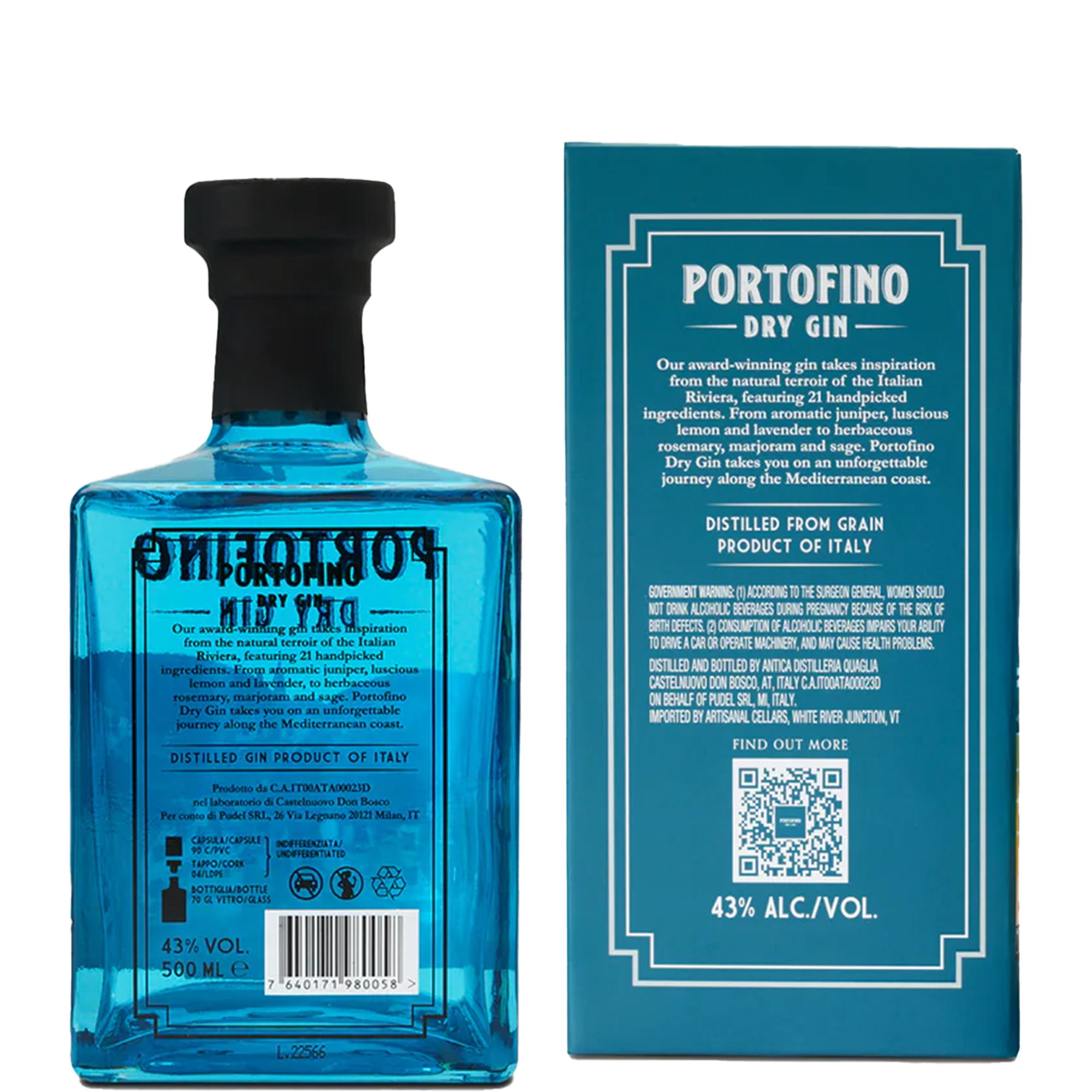 Włoski gin Portofino Dry Gin 500 ml wraz z pudełkiem prezentowym tył