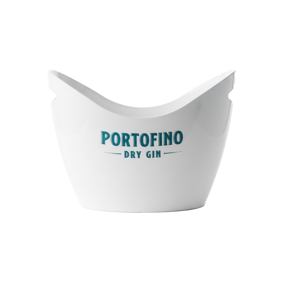 White Portofino Dry Gin cooler with the brand's blue logo