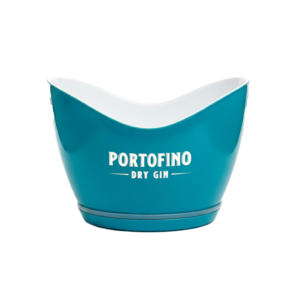 Blue, illuminated Portofino Dry Gin cooler with a white logo