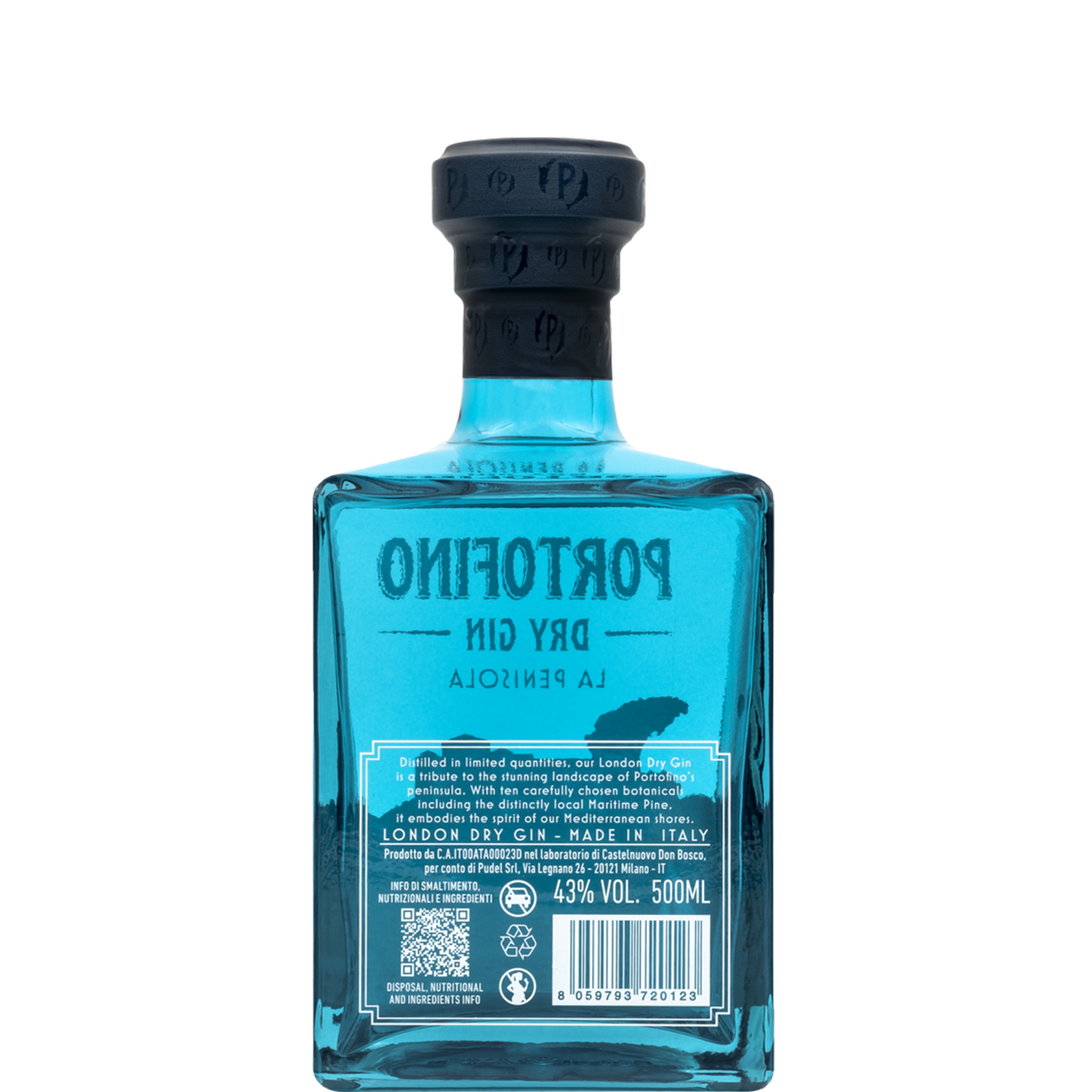 Tył butelki ginu Portofino Dry Gin La Penisola z informacjami