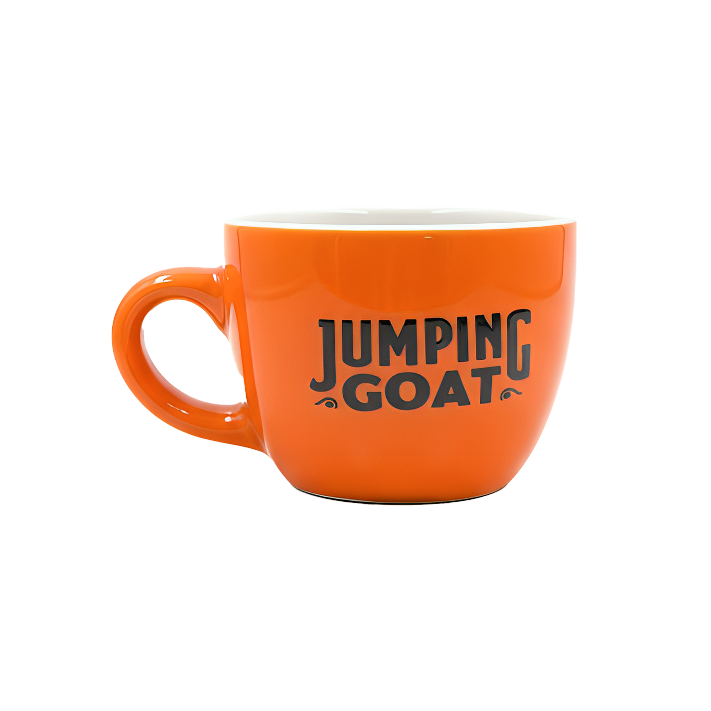 Pomarańczowa filiżanka Jumping Goat z czarnym logo marki
