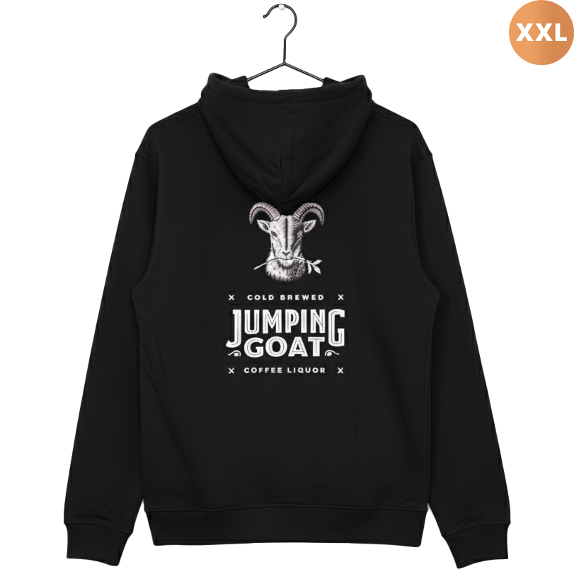 Tył czarnej bluzy z kapturem Jumping Goat z dużym nadrukiem