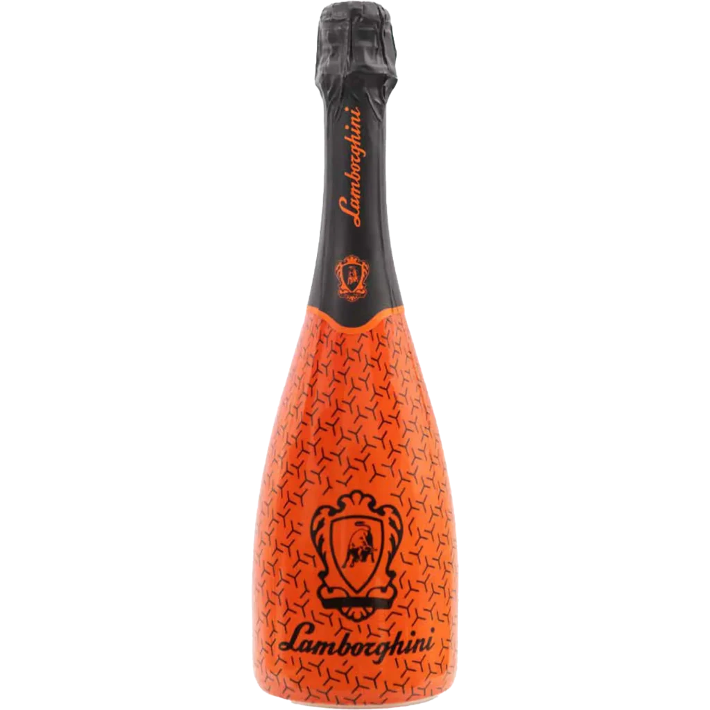 Lamborghini Demi Sec Vino Spumante Orange sparkling wine bottle featuring an orange sleeve with a black geometric pattern and logo.