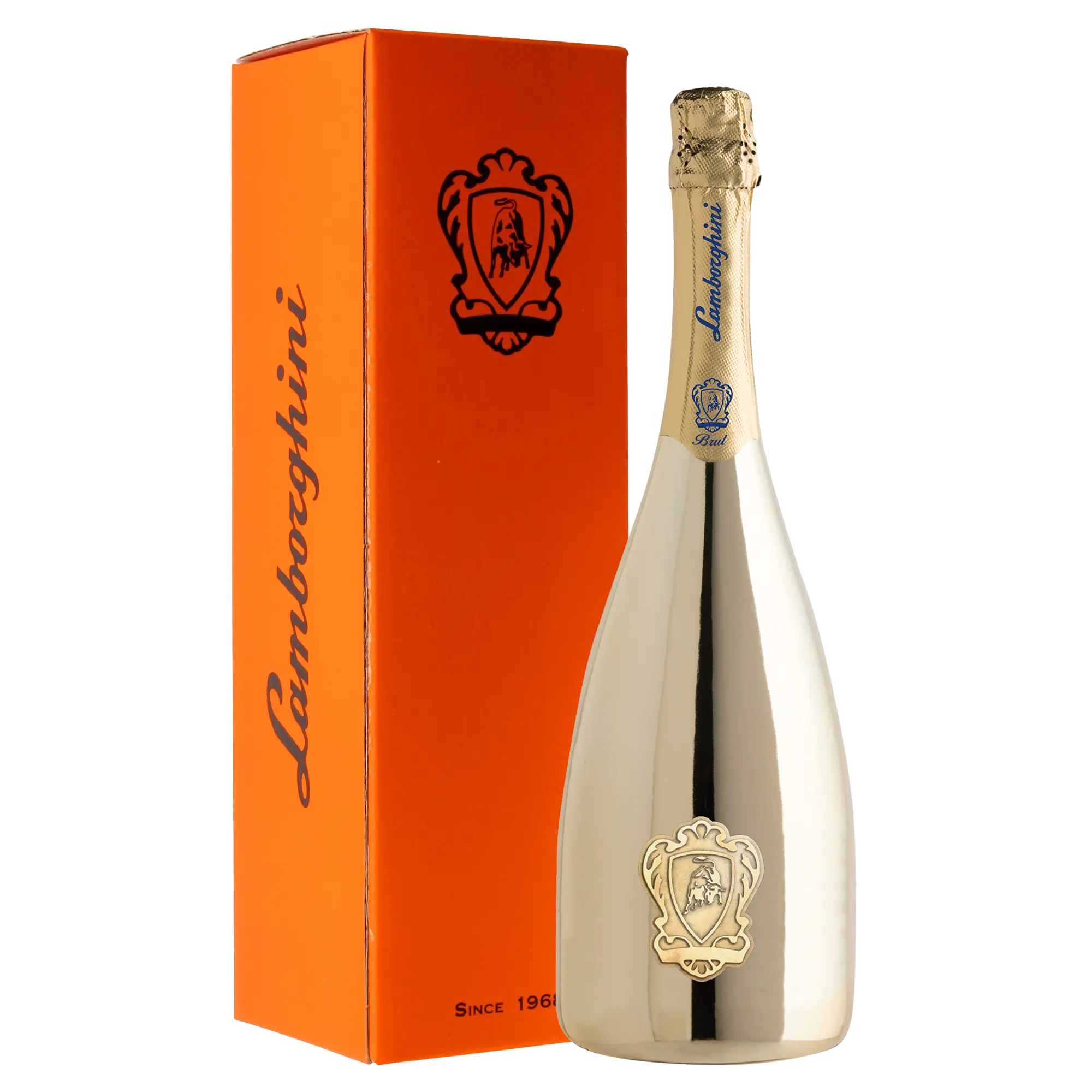 Gold Lamborghini Vino Spumante Brut Gold bottle next to an orange box.