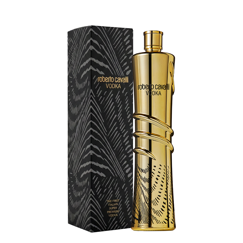 Gold metallic bottle of Roberto Cavalli Vodka with a black box decorated with a zebra pattern.