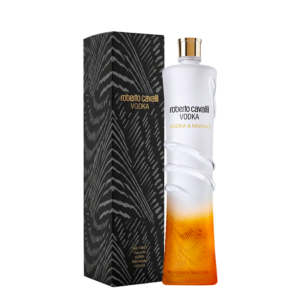 Frosted bottle of Roberto Cavalli Vodka with an orange gradient at the bottom, Mango flavor, next to a black box