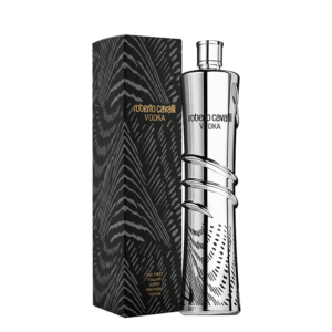 Silver chrome bottle of Roberto Cavalli Vodka with a mirror effect, standing next to a black box