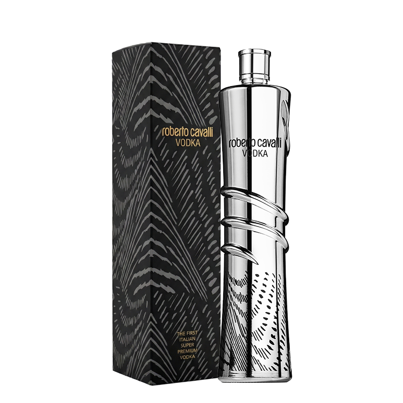 Silver chrome bottle of Roberto Cavalli Vodka with a mirror effect, standing next to a black box