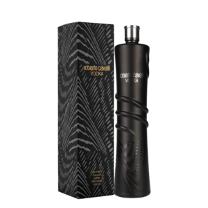 All-black bottle of Roberto Cavalli Vodka Night Edition with a snake motif, standing next to a matching black box