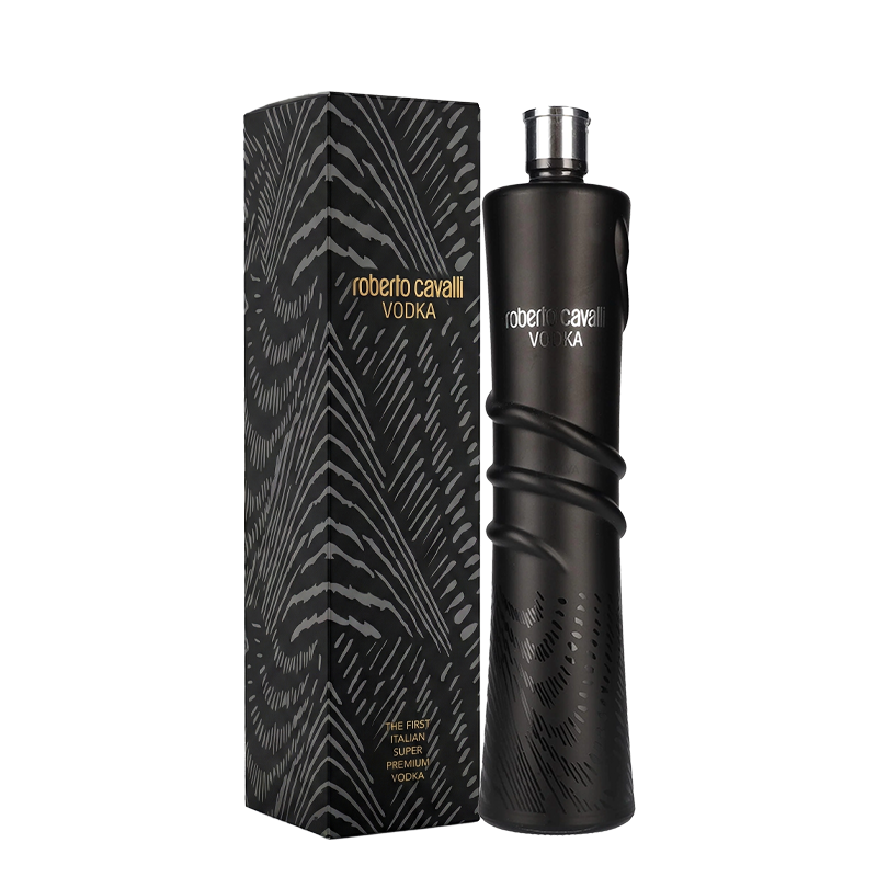 All-black bottle of Roberto Cavalli Vodka Night Edition with a snake motif, standing next to a matching black box