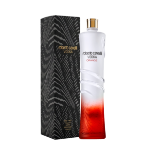 Roberto Cavalli Orange flavored vodka bottle with a red-orange gradient at the bottom, set with a box