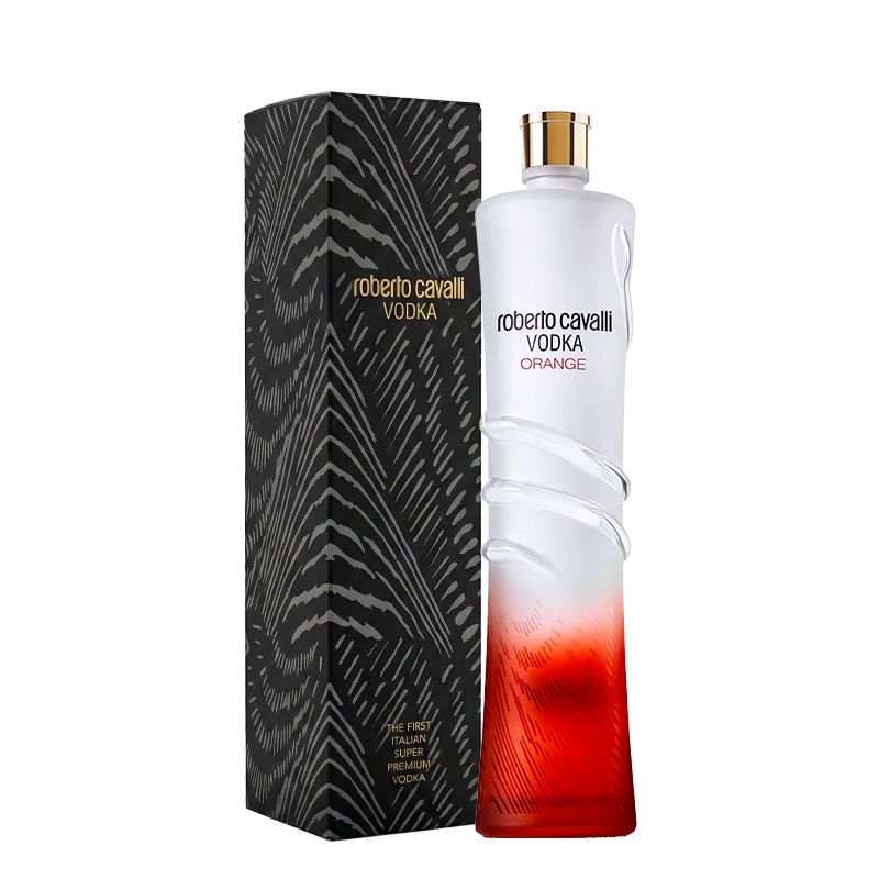 Butelka wódki Roberto Cavalli o smaku pomarańczowym z czerwono-pomarańczowym gradientem u dołu, zestaw z pudełkiem
