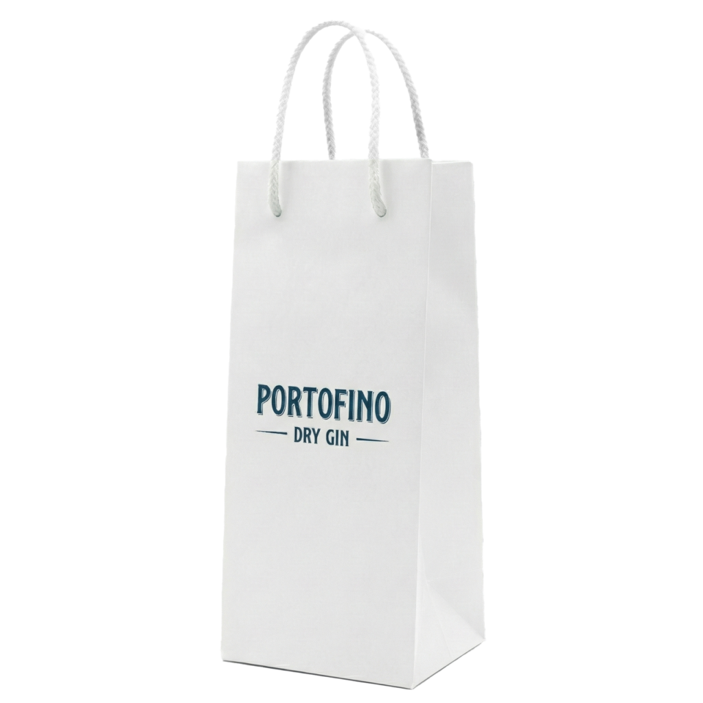White paper bag with navy blue Portofino Dry Gin logo and white rope handles
