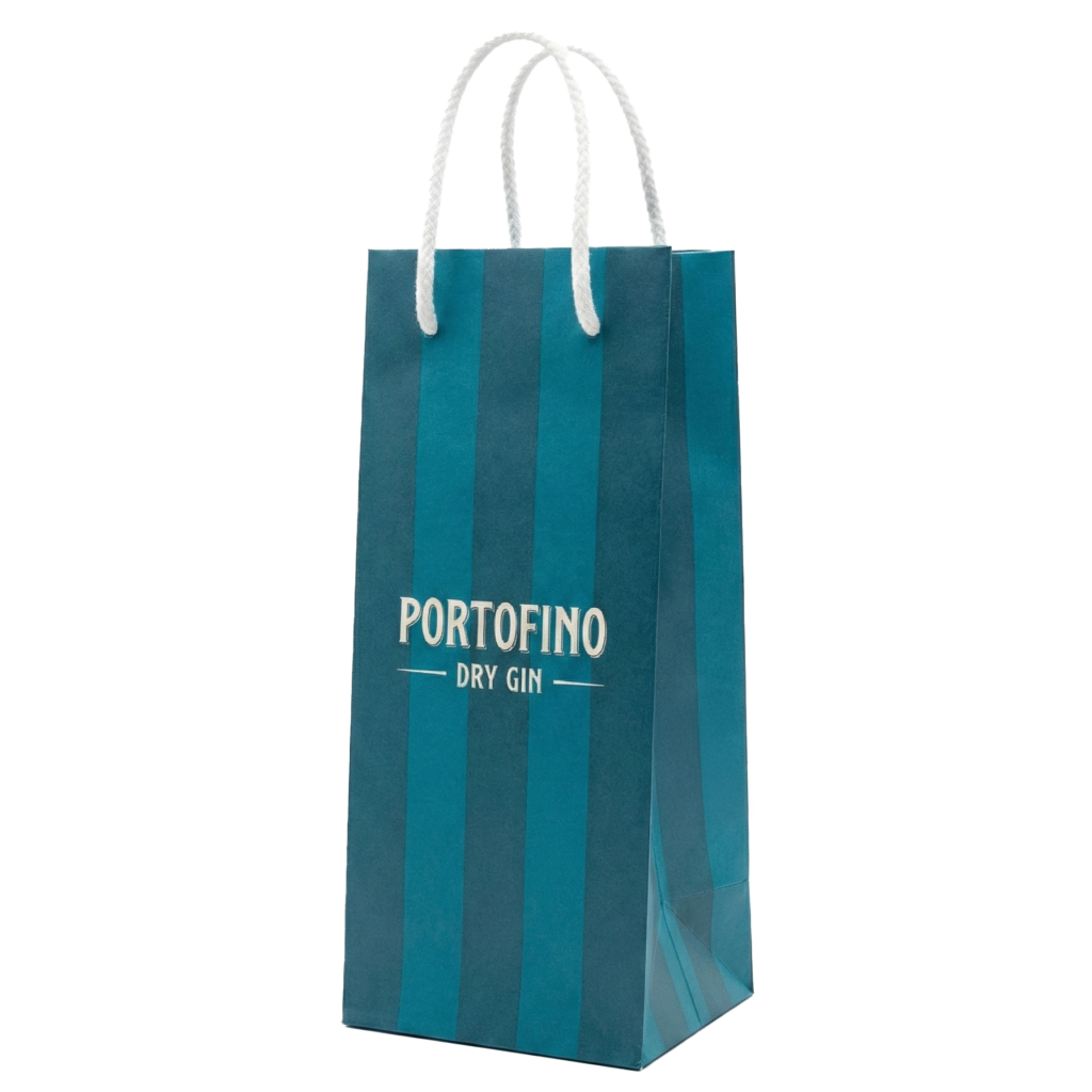 Blue striped paper bag with the Portofino Dry Gin logo and white rope handles