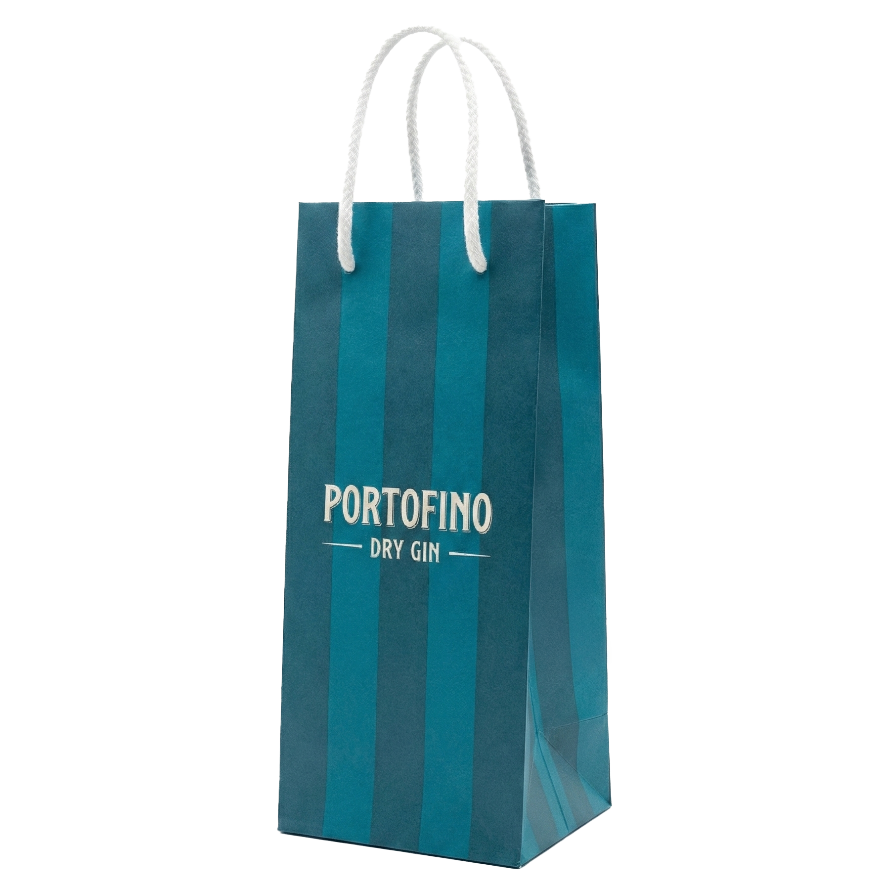 Blue striped paper bag with the Portofino Dry Gin logo and white rope handles