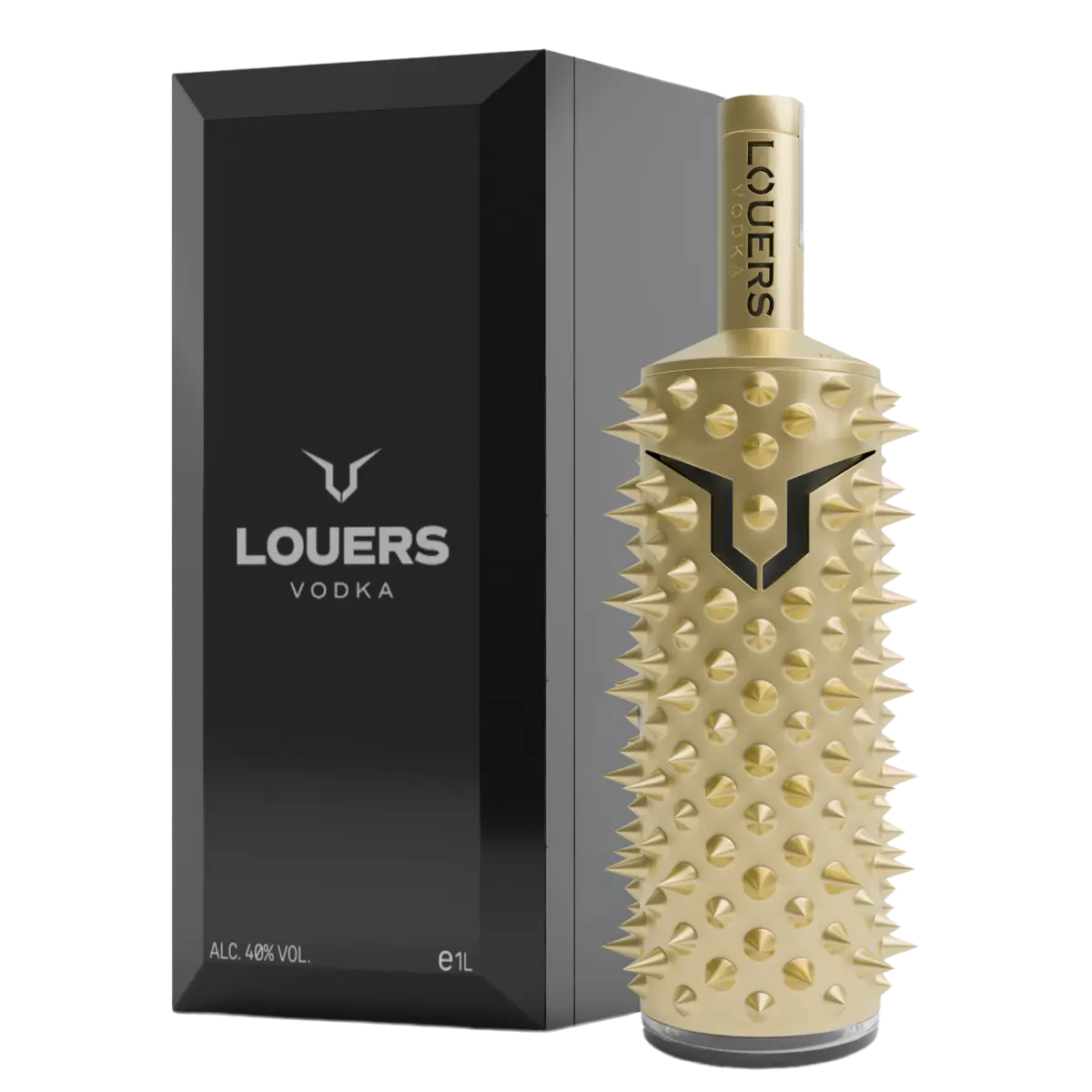 Louers Metal Limited Edition vodka in a gold spiked bottle and black wooden packaging, frontal view of the set.