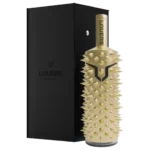 Gold spiked bottle of Louers Metal Limited Edition vodka standing slightly angled next to a black premium box.