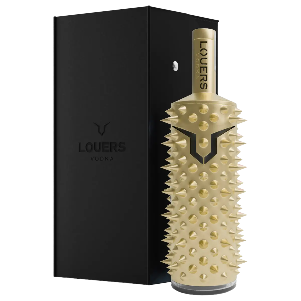 Gold spiked bottle of Louers Metal Limited Edition vodka standing slightly angled next to a black premium box.