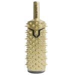 Front of the Louers Metal Limited Edition vodka bottle, entirely covered in gold spikes, with a black symbol in the middle and logo on the neck.