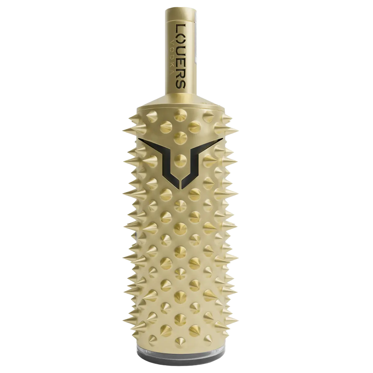 Front of the Louers Metal Limited Edition vodka bottle, entirely covered in gold spikes, with a black symbol in the middle and logo on the neck.