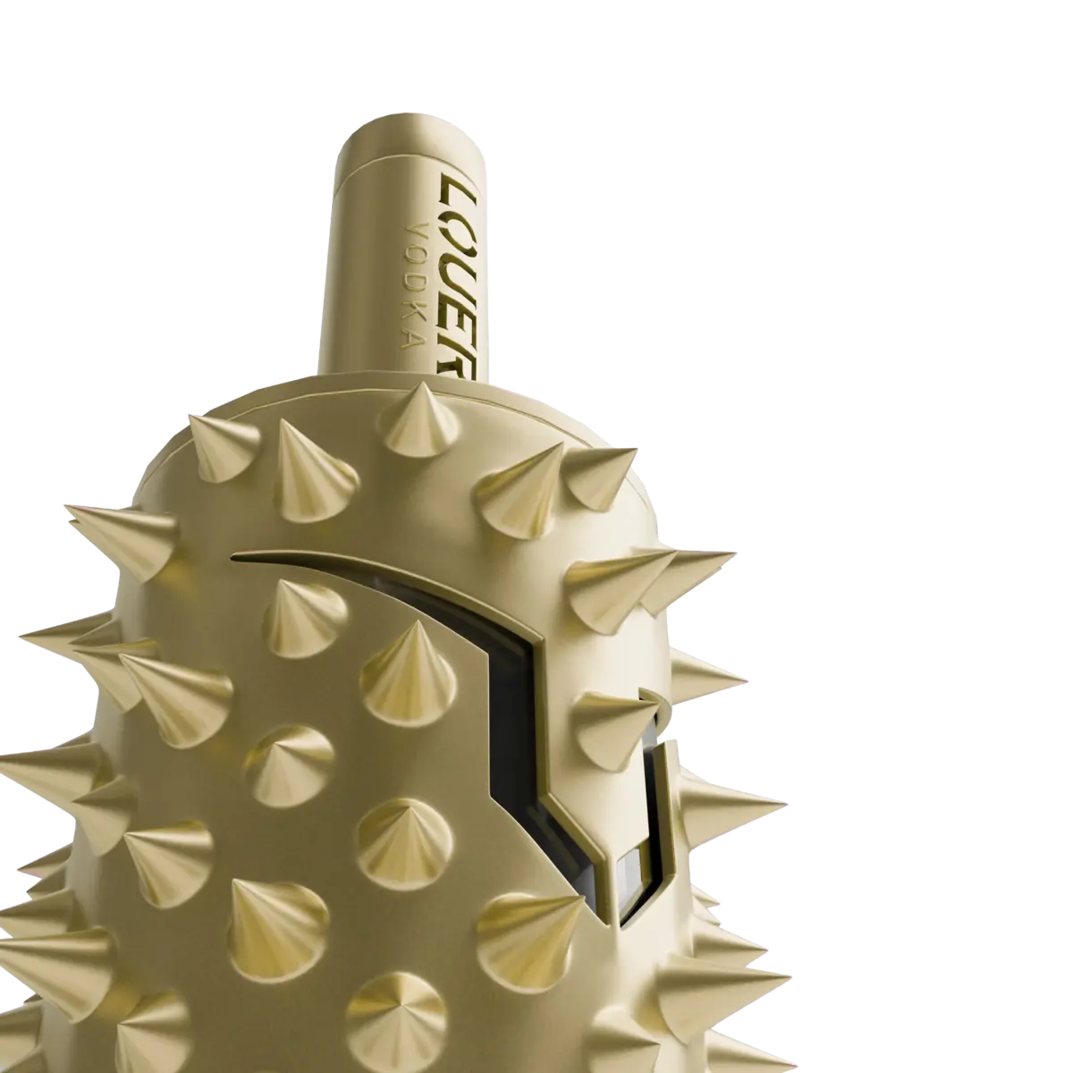 Close-up of the top and neck of the gold Louers vodka bottle, showing the arrangement of spikes and geometric cut-outs.