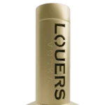 Close-up of the smooth gold bottle neck with the vertical text LOUERS VODKA