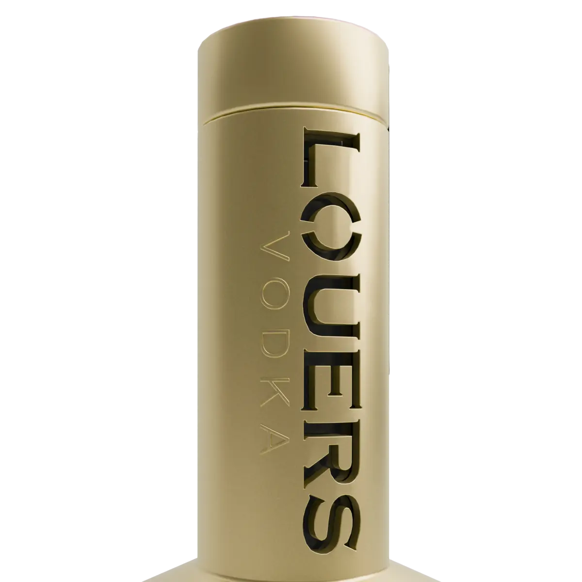 Close-up of the smooth gold bottle neck with the vertical text LOUERS VODKA
