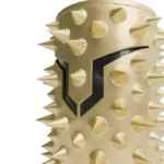 Close-up of gold spikes and the central black shield-shaped cut-out on the Louers vodka bottle.