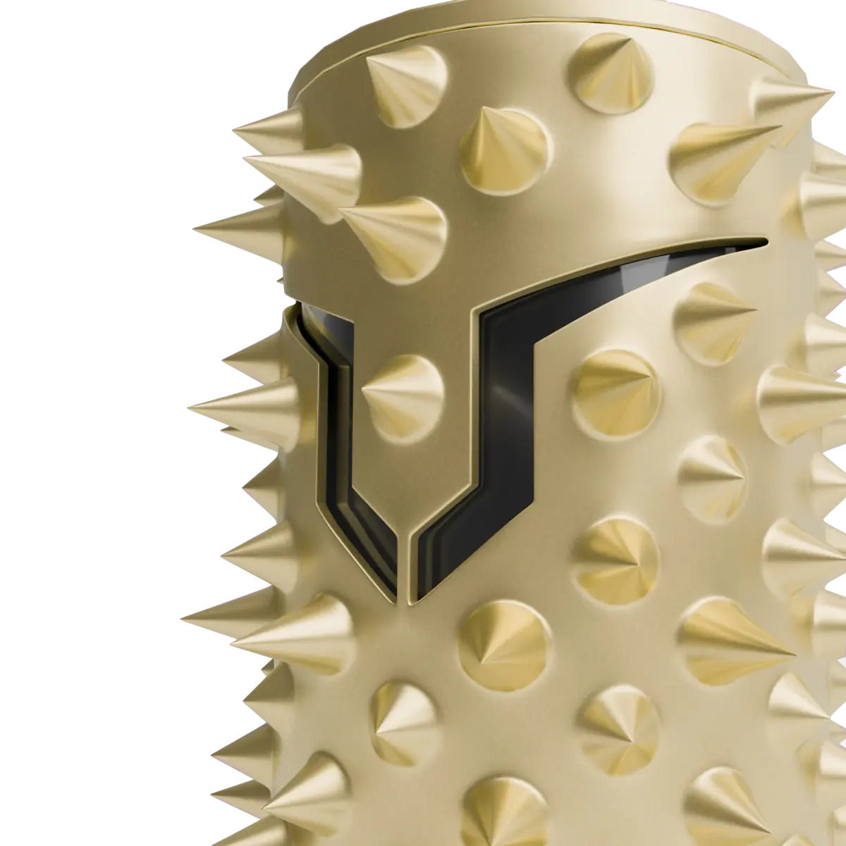 Close-up of gold spikes and the central black shield-shaped cut-out on the Louers vodka bottle.