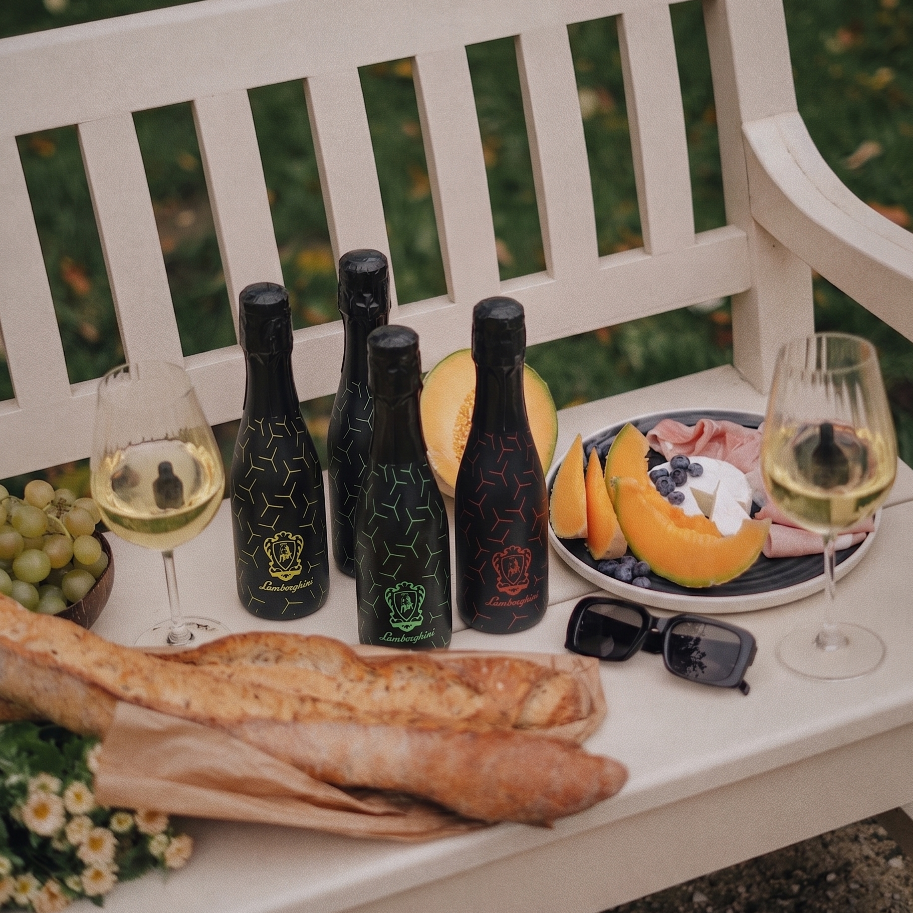 Four small bottles of Lamborghini Brut Mini Fluo sparkling wine with neon patterns on a white bench during a picnic. Next to them are glasses, baguettes, and a plate with melon and snacks.