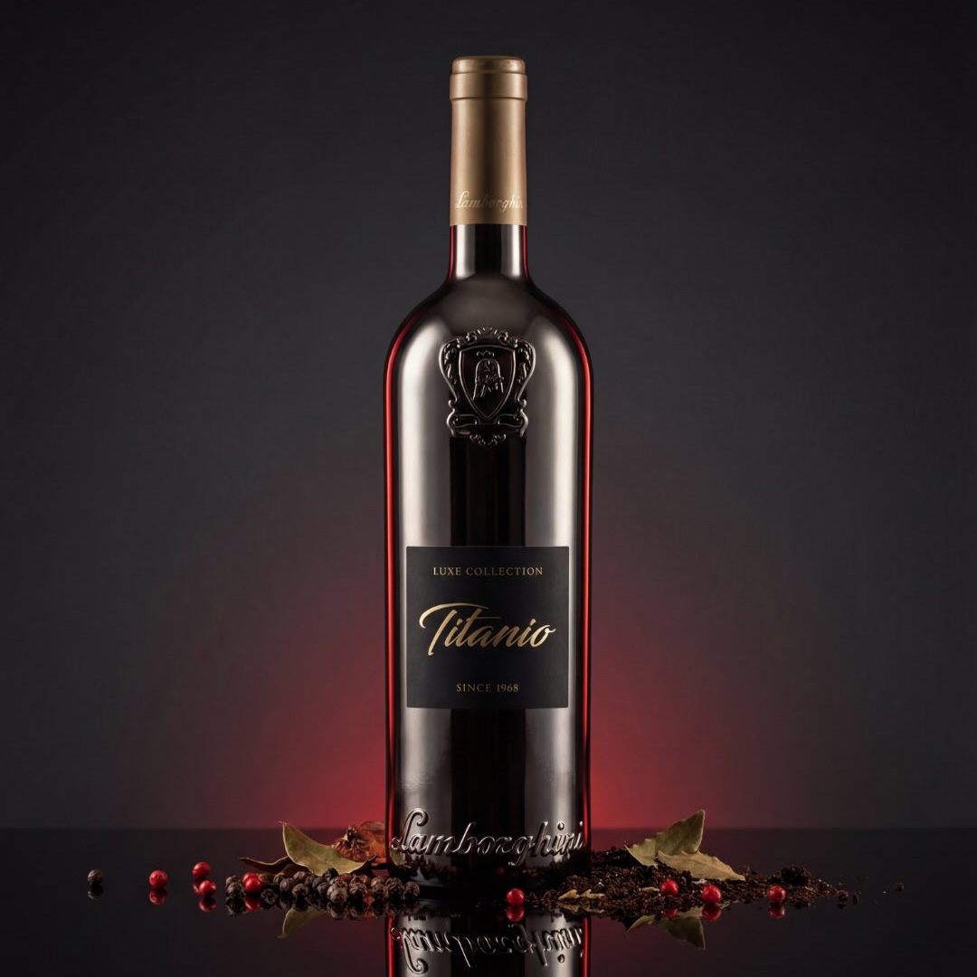 A dark metallic bottle of Lamborghini Luxe Titanio red wine, surrounded by peppercorns and bay leaves on a black background with red illumination.
