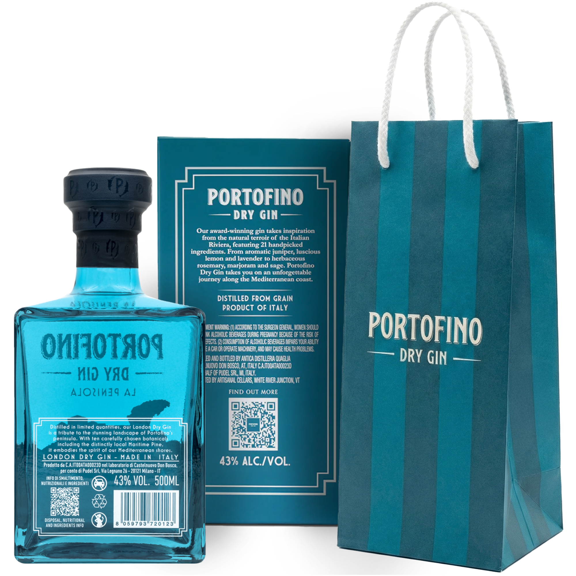 The back of the Portofino La Penisola gin bottle and box, showing limited edition details, volume, and alcohol content, next to a blue striped bag