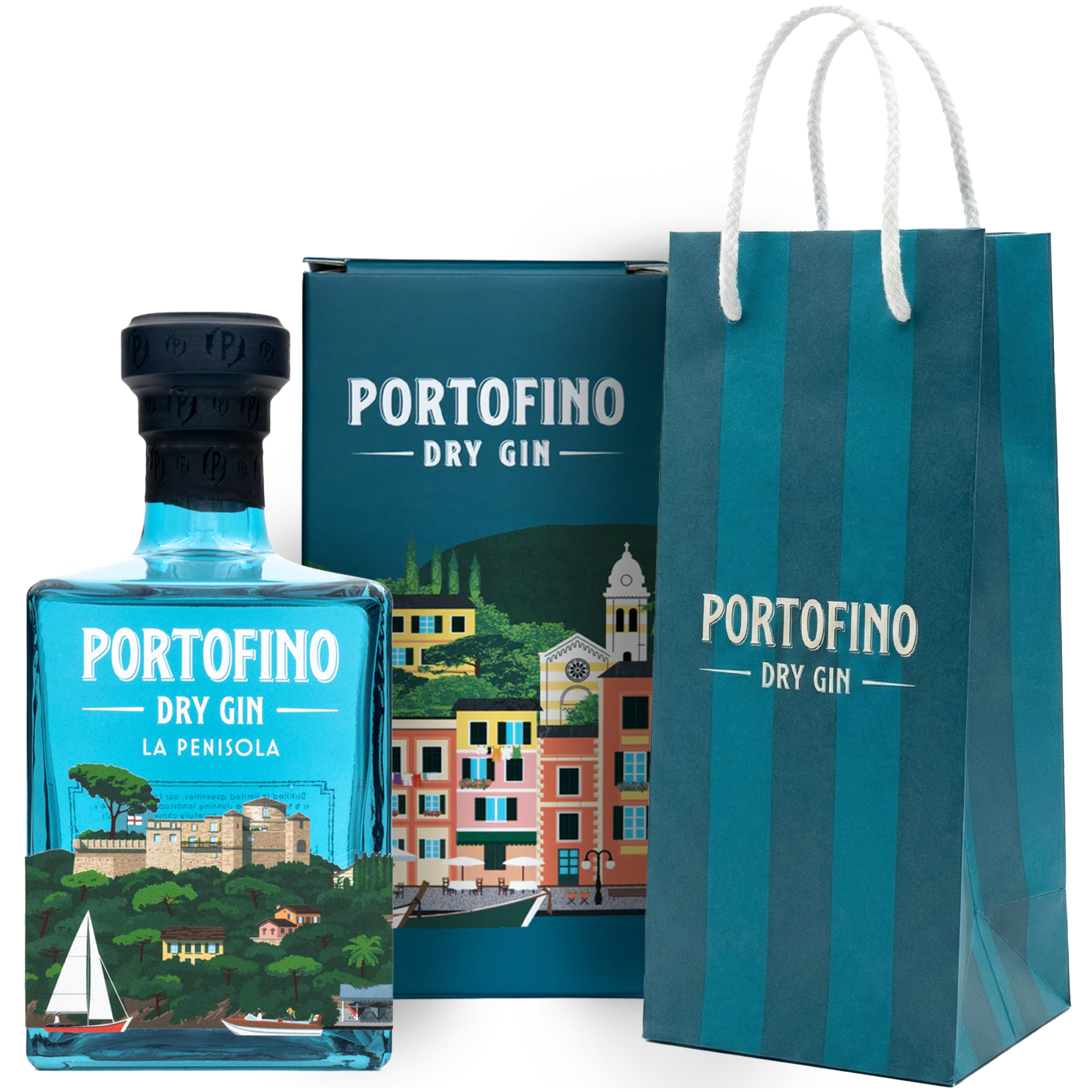 A blue bottle of limited edition Portofino La Penisola gin featuring an illustration of a castle on a wooded peninsula, next to a decorative box and a striped gift bag.