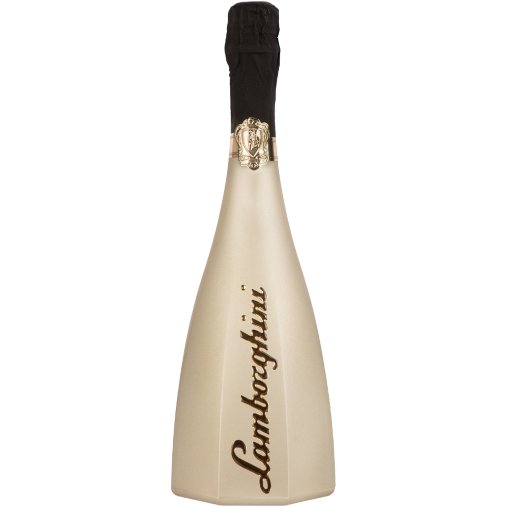 A pearl-cream bottle of Lamborghini Ottagonale Icona Oro wine with gold lettering and black foil on the neck, against a black background.