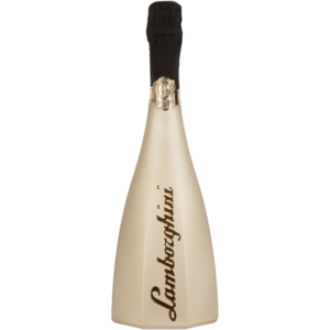 A pearl-cream bottle of Lamborghini Ottagonale Icona Oro wine with gold lettering and black foil on the neck, against a black background.
