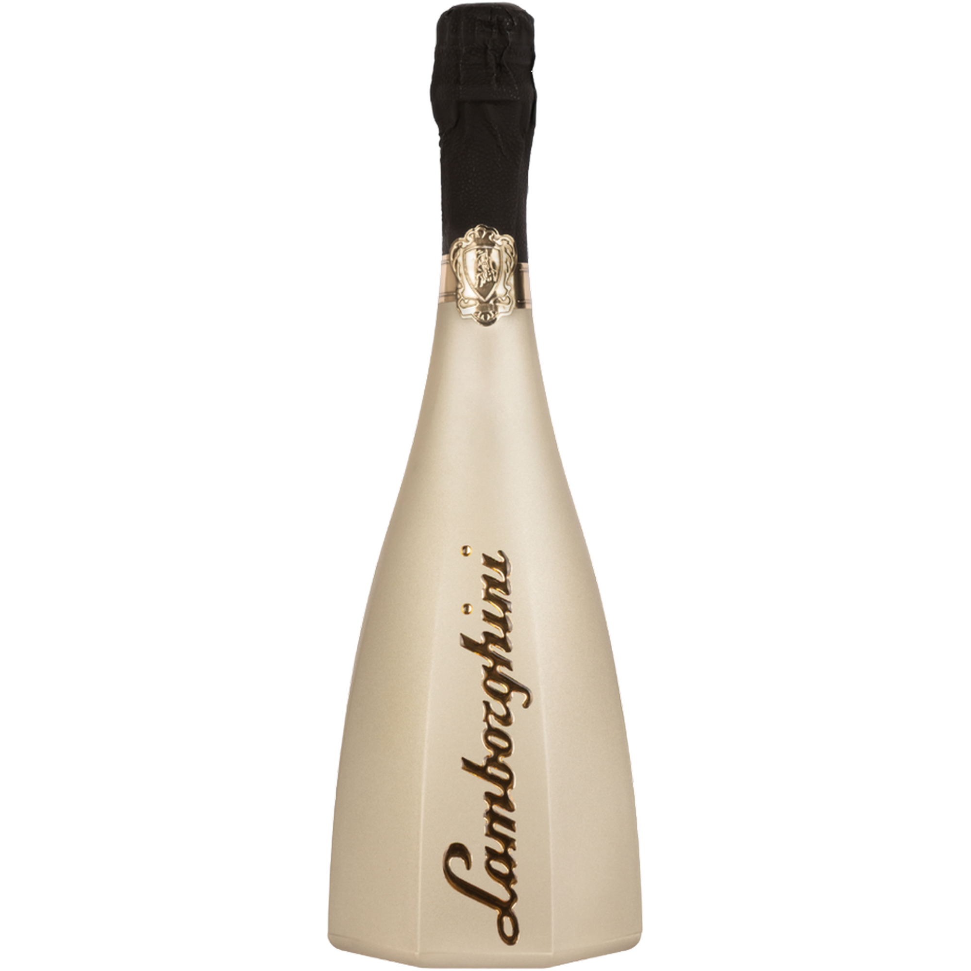 A pearl-cream bottle of Lamborghini Ottagonale Icona Oro wine with gold lettering and black foil on the neck, against a black background.