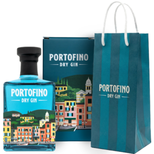 A blue bottle and box of Portofino gin featuring identical, colorful illustrations of an Italian coastal town. Next to a blue striped bag with a logo.