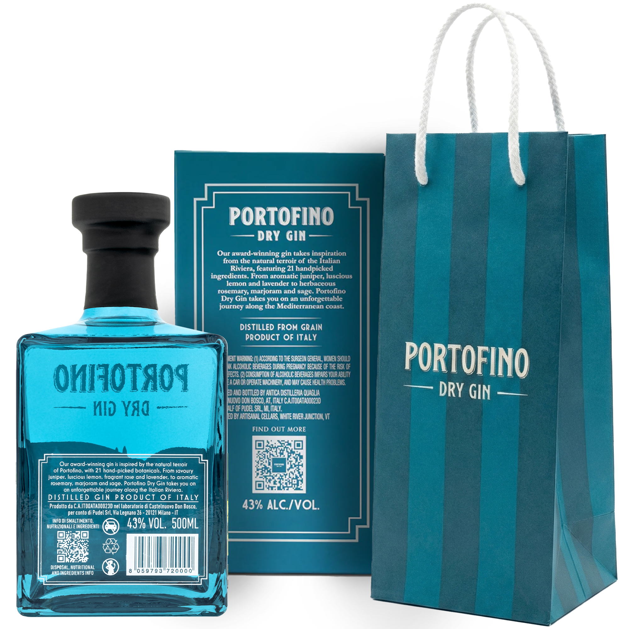 The back of a Portofino gin bottle and box showing botanical ingredients, volume, and alcohol content, next to a blue striped gift bag