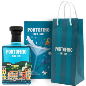 a blue Portofino gin bottle in front of a box featuring an illustration of a martini glass, lemon peel, and lavender. Next to it is a blue gift bag.
