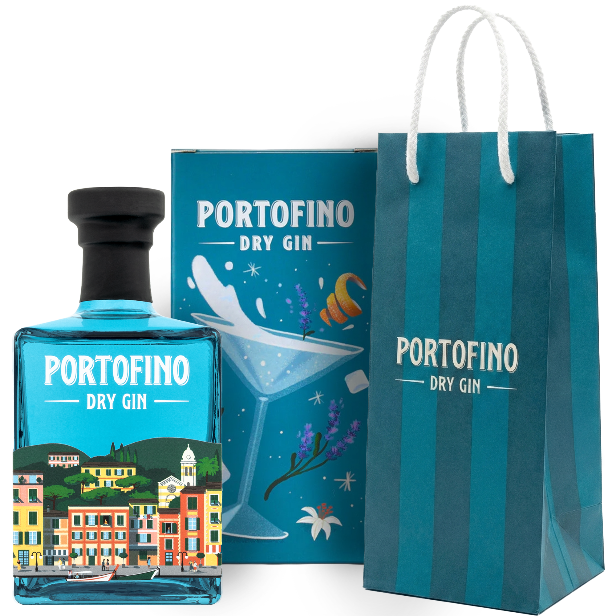 a blue Portofino gin bottle in front of a box featuring an illustration of a martini glass, lemon peel, and lavender. Next to it is a blue gift bag.