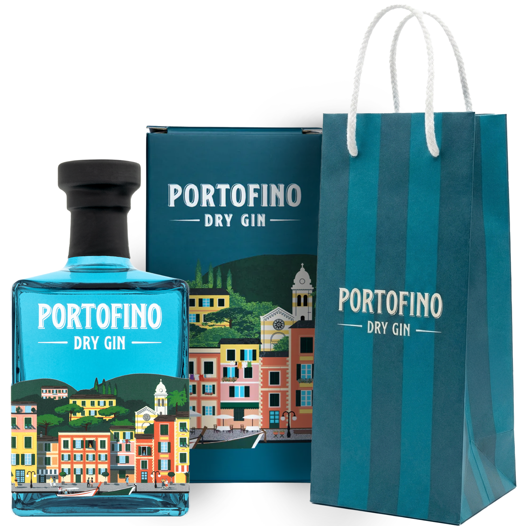 A blue bottle and box of Portofino gin featuring identical, colorful illustrations of an Italian coastal town. Next to a blue striped bag with a logo.