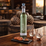 A bottle of Tequila Don Ramon Tahona Silver on a wooden bar top with two tasting glasses, blood orange slices, and spices, against a background of barrels and roasted agave piñas