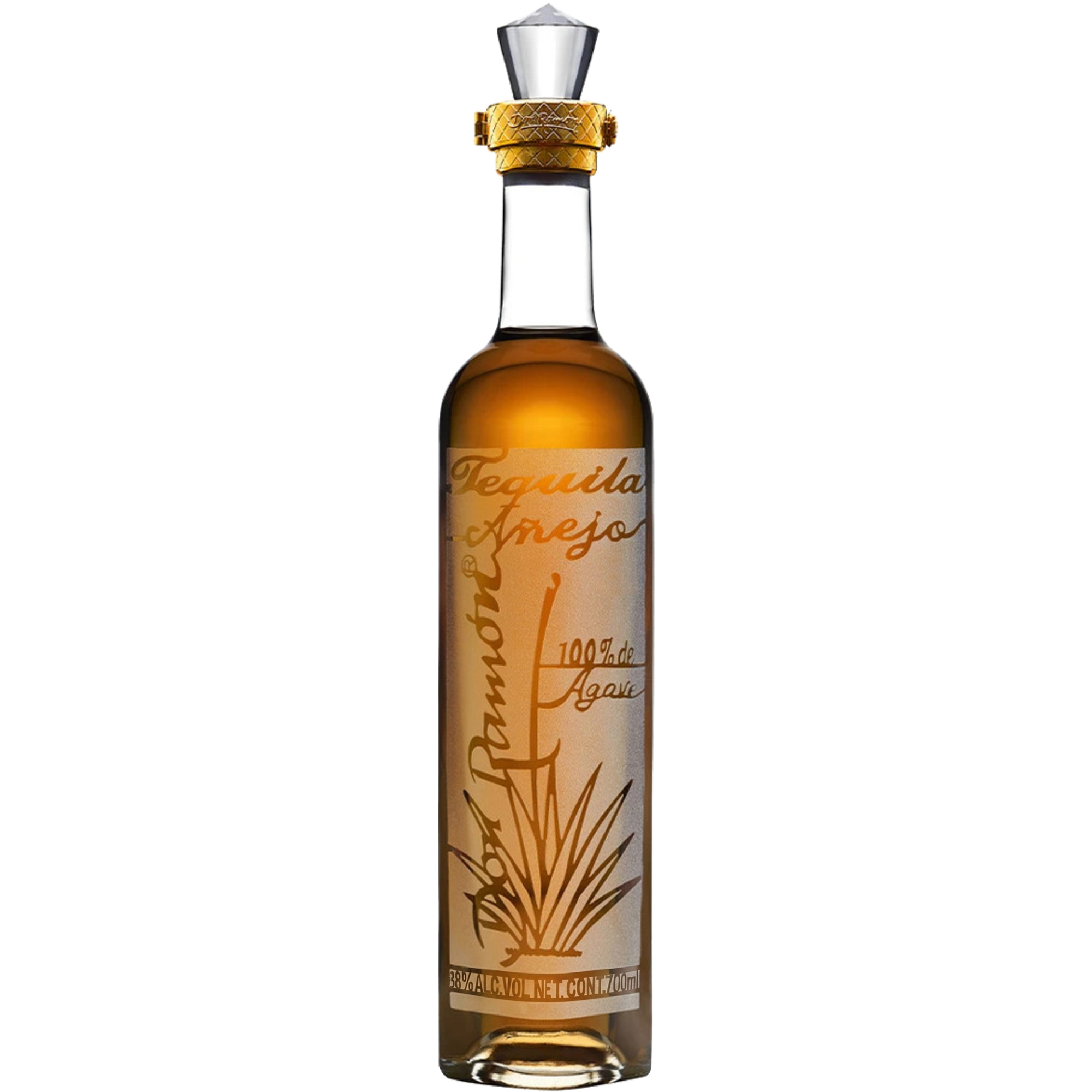 A slender bottle of Tequila Don Ramon Punta Diamante Anejo with amber liquor against a black background.