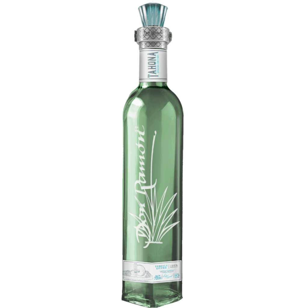 A slender bottle of clear Tequila Don Ramon Punta Diamante Tahona Silver against a black background.