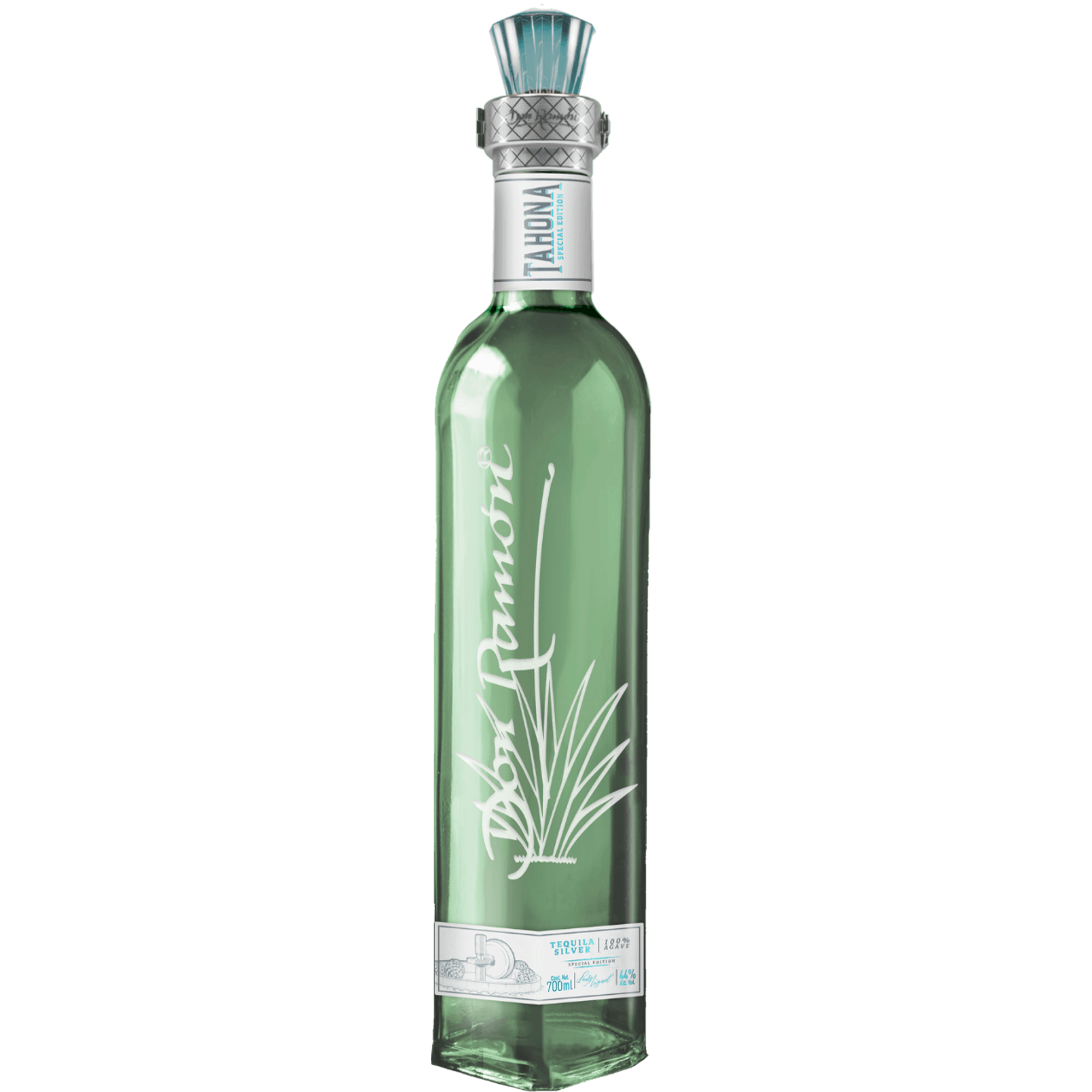 A slender bottle of clear Tequila Don Ramon Punta Diamante Tahona Silver against a black background.