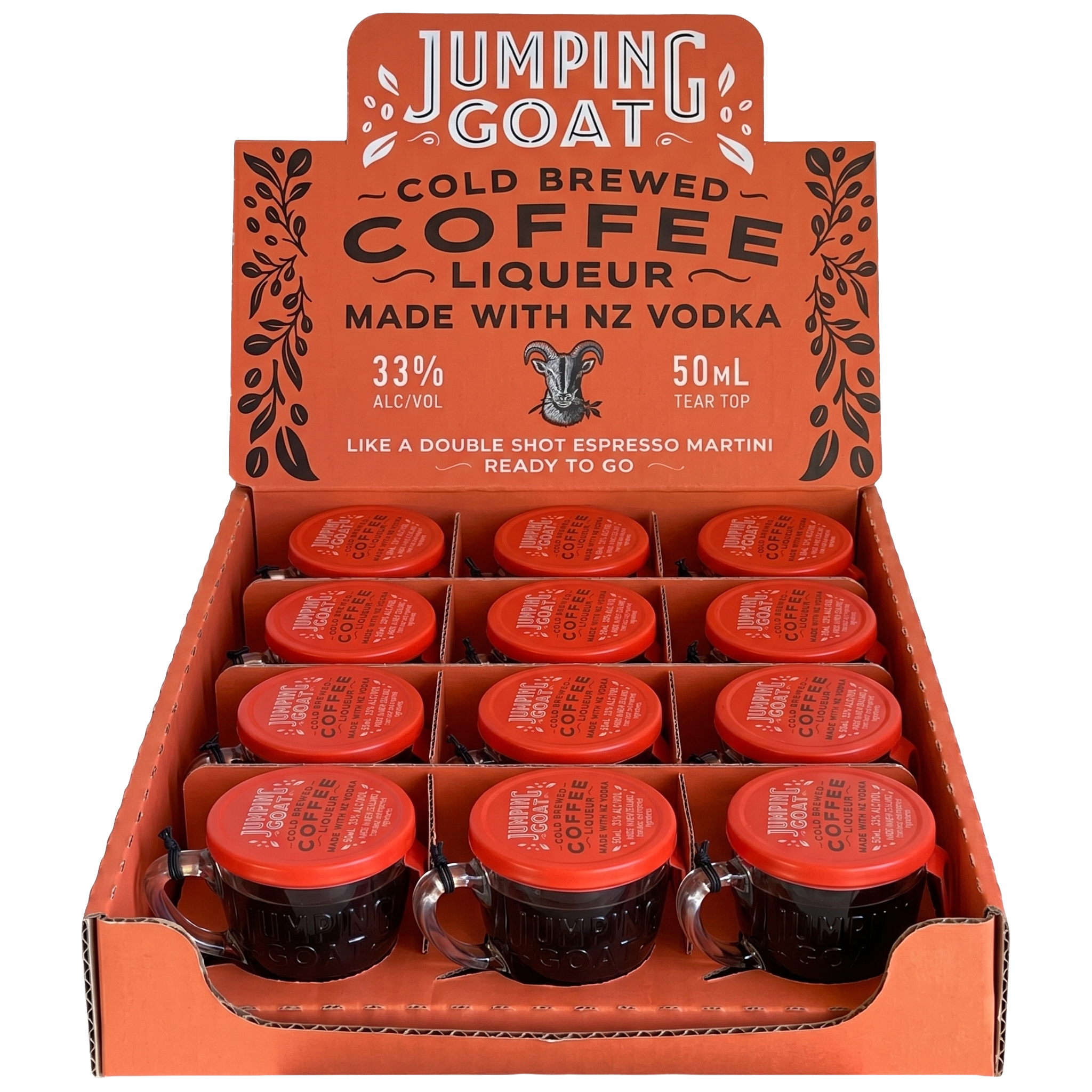 Display box filled with Jumping Goat Cold Brewed Coffee Liqueur 50ml mini cups made with NZ vodka