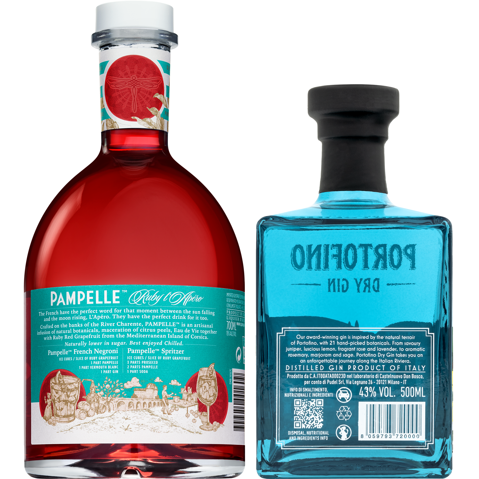 Butelki zestawu Pampelle Aperitif i Portofino Dry Gin - tył
