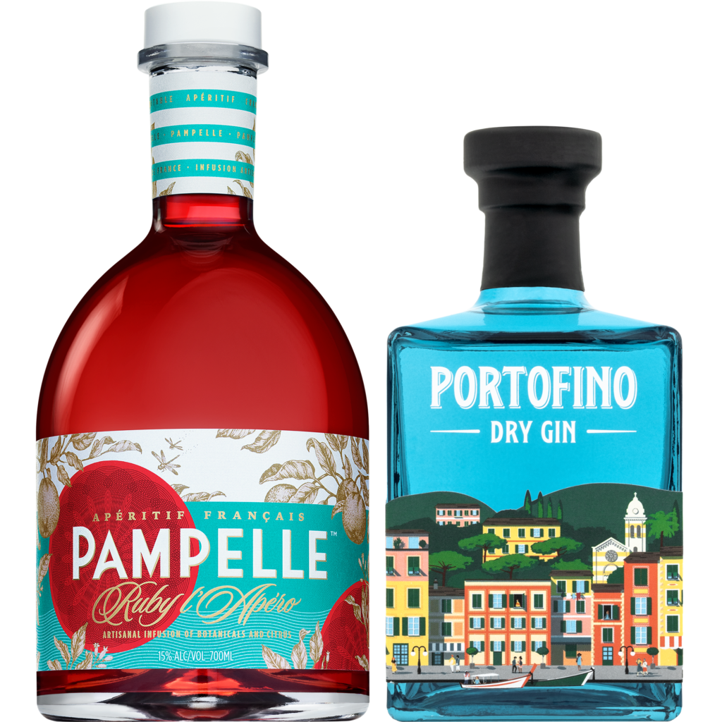 Butelki zestawu Pampelle Aperitif i Portofino Dry Gin - przód